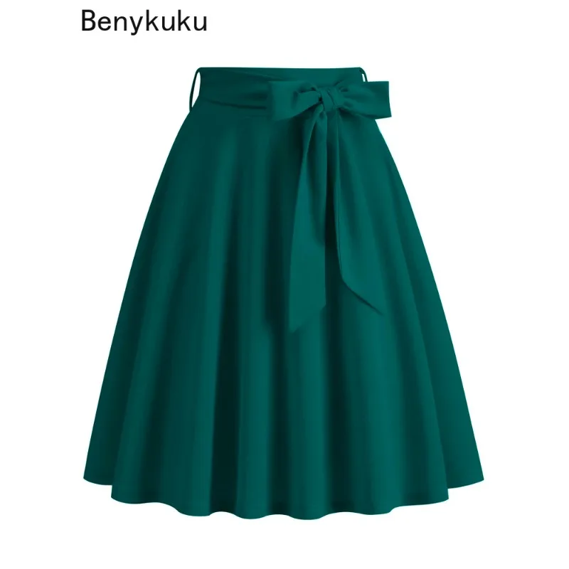 

Solid Green Black Red Vintage Swing Skirt Retro Pockets Side Elegant Women 1950s A Line Skirts High Waist Beach Skirt Jupe Femme