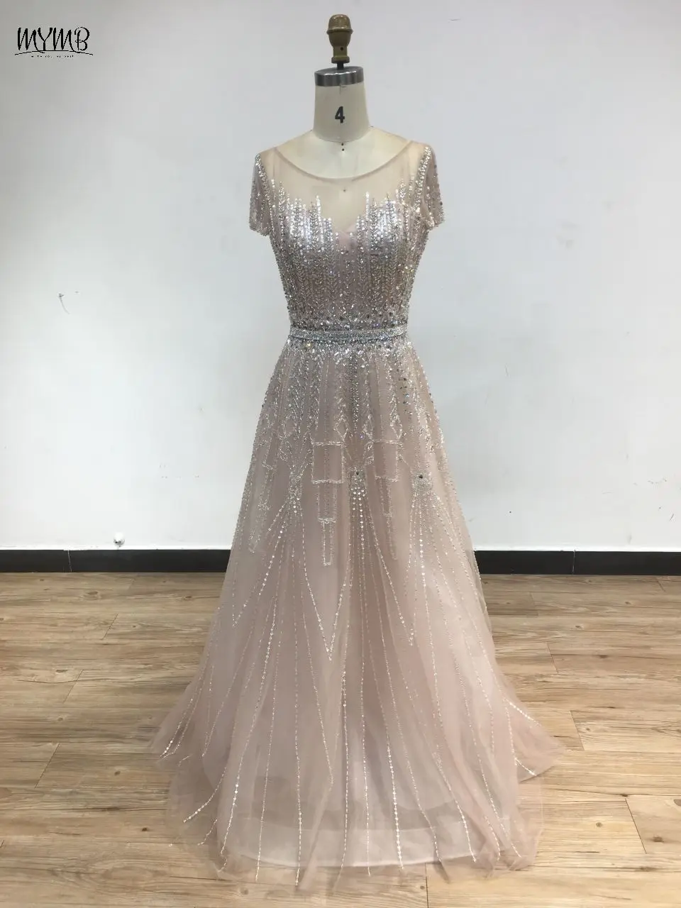 MYMB Pink A-Line Elegant Formal Party Evening Dress for Special Events Luxury Beaded Short Sleeves Dubai Gala Prom Gown DSBQ0128