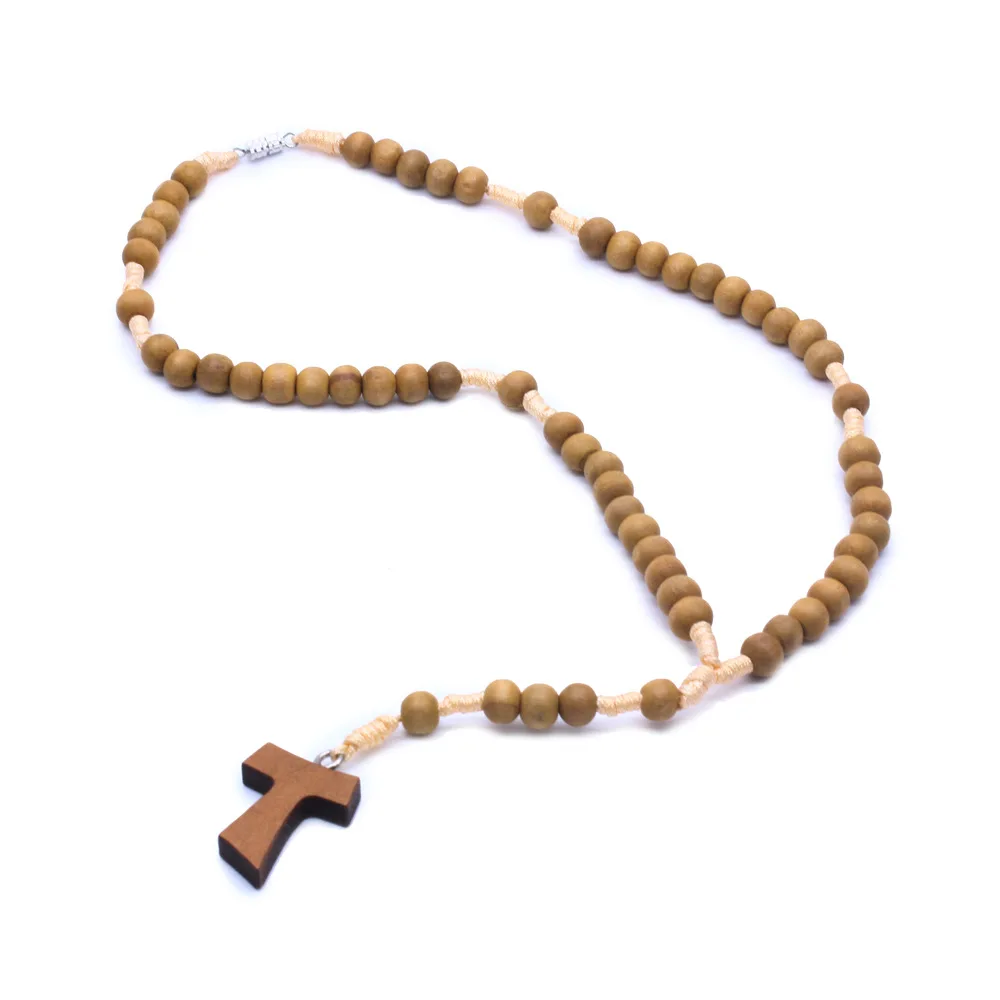 Tau Cross Wooden Beads Cross Necklace Christianity Rosary Necklace Sweater Chain Woman Necklace Catholic Eligious Jewelry