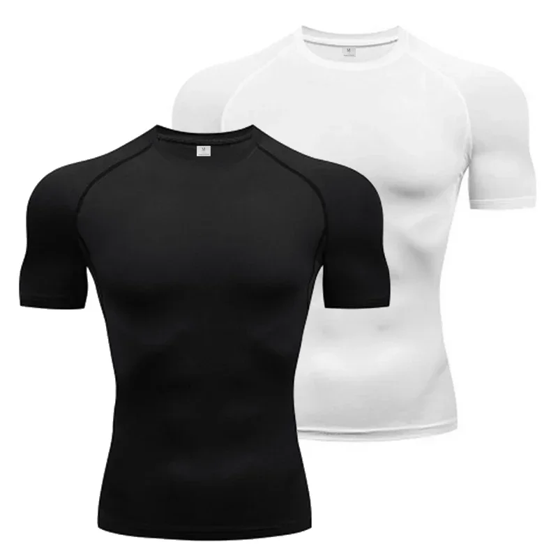 

2 Pieces/set Compression Shirt Men Summer Running T-shirts Tight Quick Dry Sports Tops Tees Gym Clothing Workout T Shirts Man