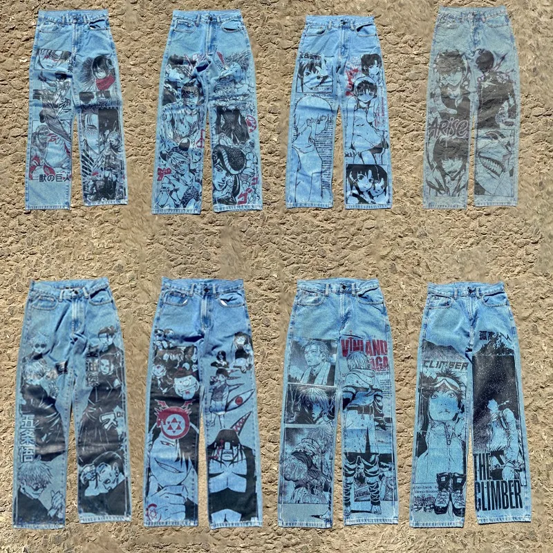 

Y2K baggy blue jeans trendy Japanese style anime graphic print retro jeans floor pants Harajuku hip hop unisex streetwear pants