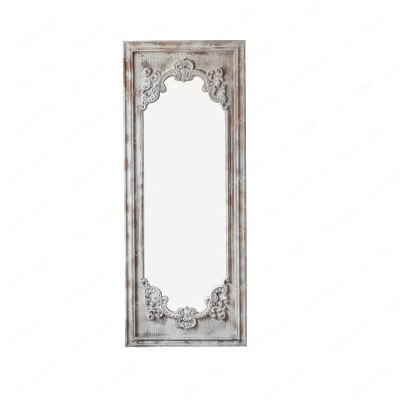 Country Retro Full-Length Mirror Solid Wood Frame Carved Square Dressing Mirror Decorative Wall Hangings Mirror