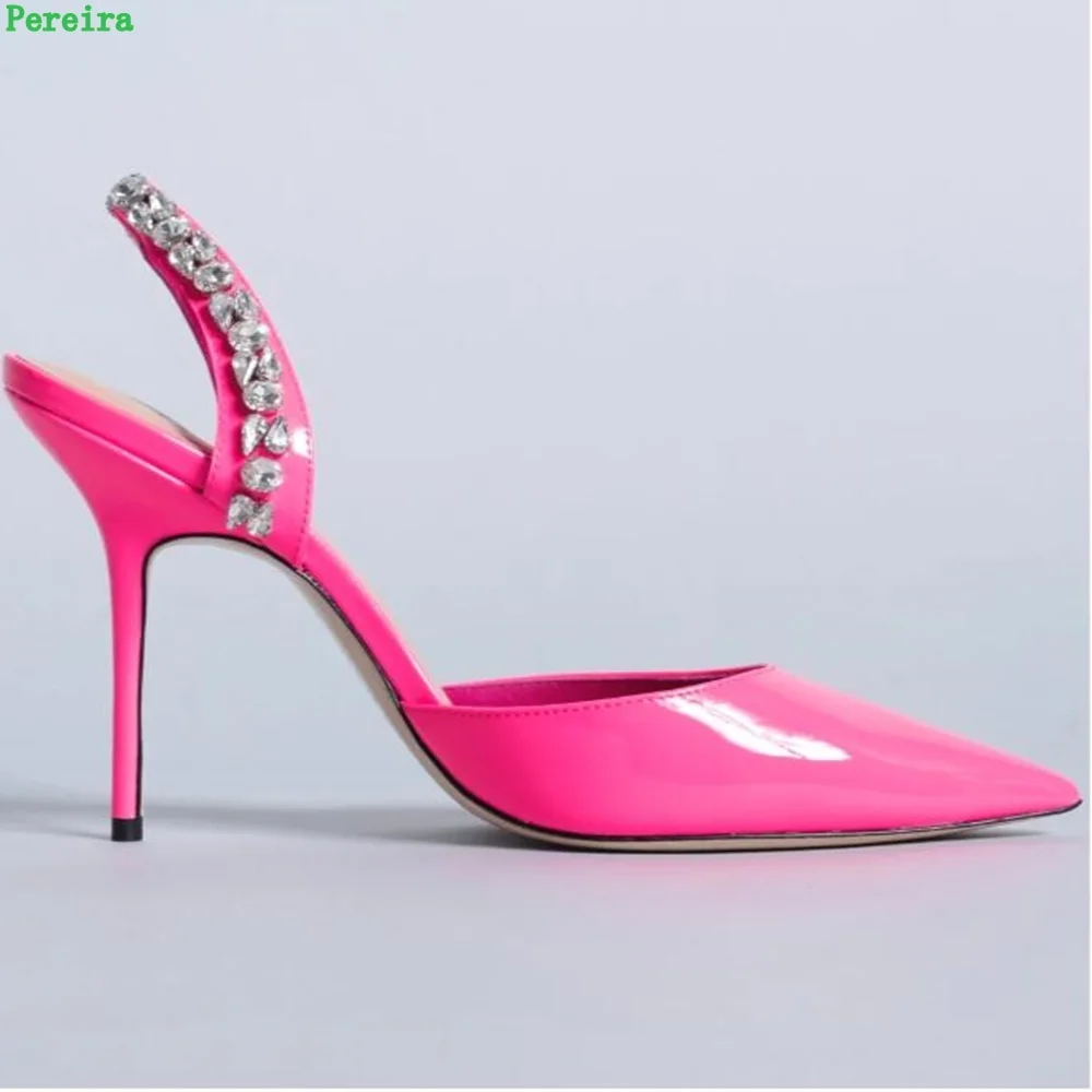 Neon Pink Patent Leather Pumps Summer New Arrival Women's Solid Rhinestone Back Strap Pointed Toe Stiletto Fashion Elegant Shoes