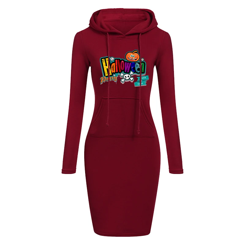 Fashion Women Casual Solid Color Long Sleeve Drawstring Hoodie Dress With Pocket Slim Hooded Pullover Sweatshirt Dress