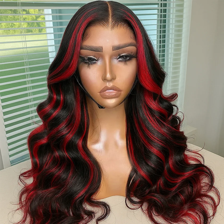 1B/99J オンバーブラック（赤色のハイライト入り）5x5 グルーレスボディウェーブウィッグ、装着簡単、人毛30インチHDレースクロージャーウィッグ、プレプラッキング済み