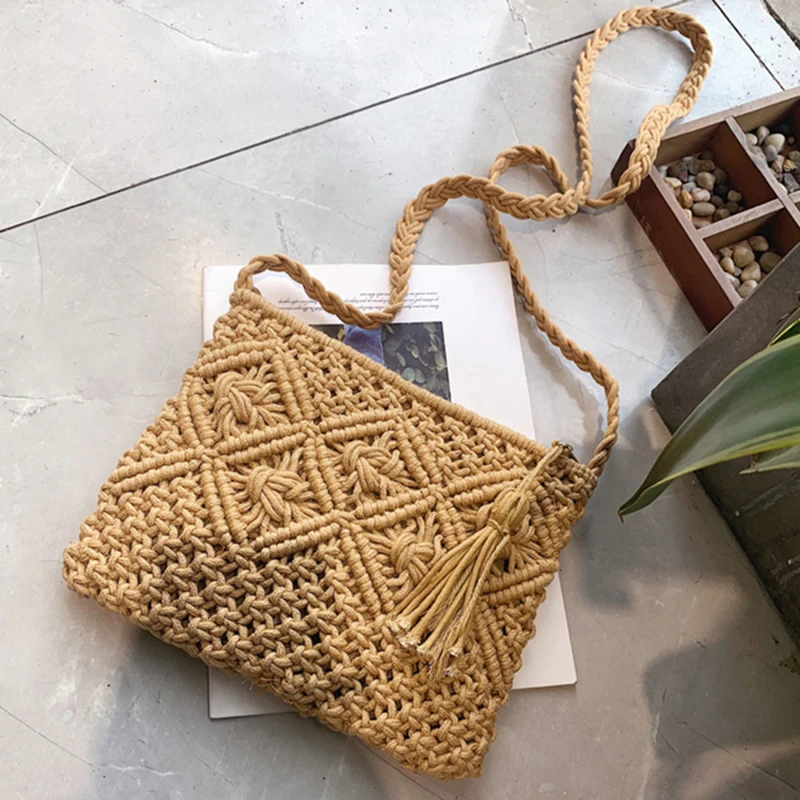 1PC New Simple Summer Beach Seaside Shoulder Bag Oblique Cross Bag Clutch Tassel Cotton Rope Bag Woven Bag