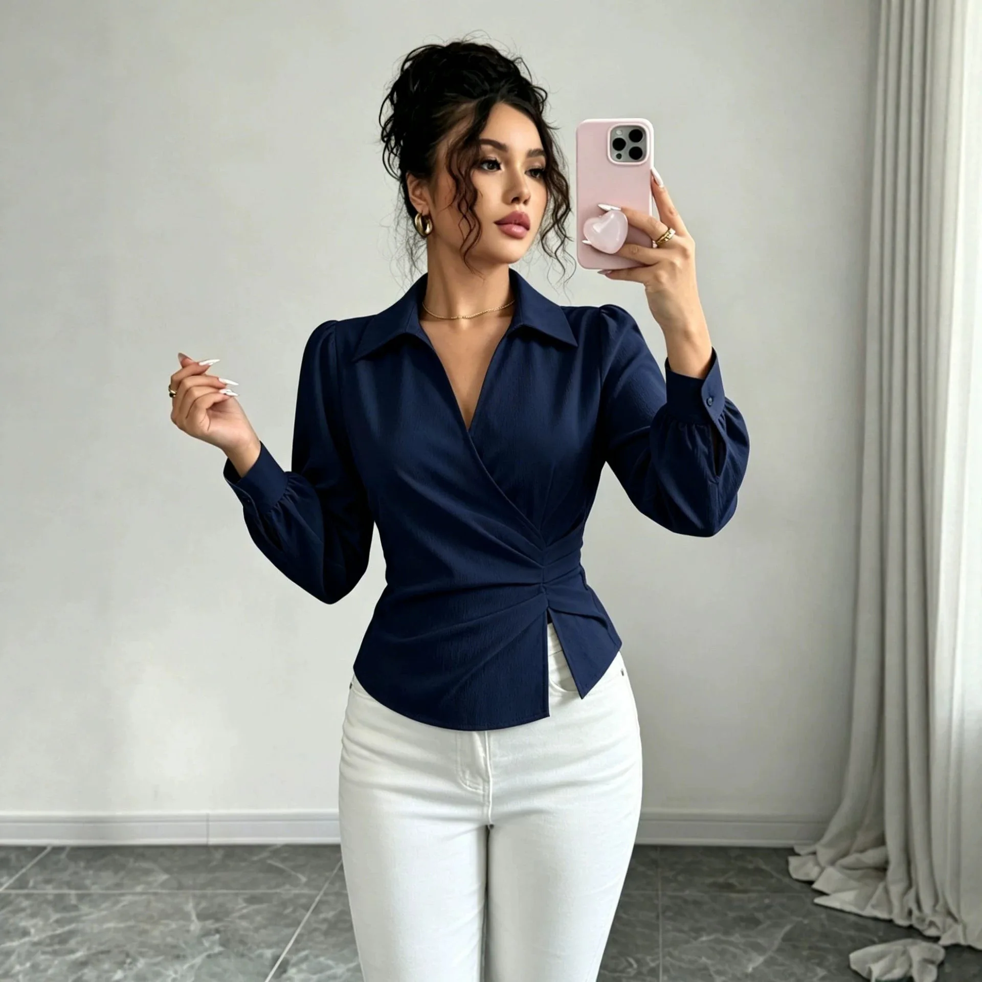 New Autumn Women's Long Sleeve Shirt Lapel High Waist Slim Fashion Solid Color Design Simple Commuting Top Korean Female's Shirt