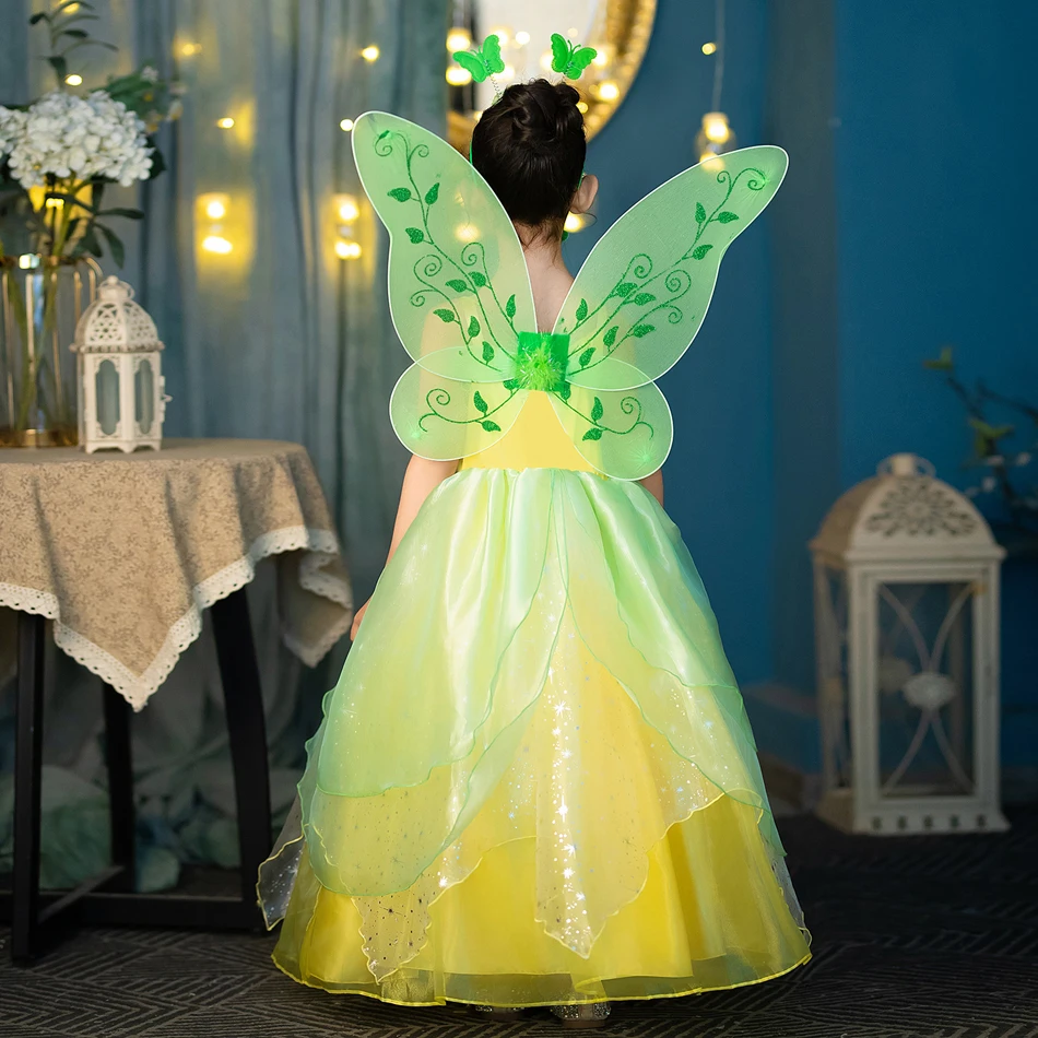 ชุดเจ้าหญิง Tiana สำหรับเด็กผู้หญิง, ชุดเจ้าหญิงและกบชุดเทศกาลฮาโลวีนผ้าเอลฟ์สีเขียวป่าสำหรับงานปาร์ตี้