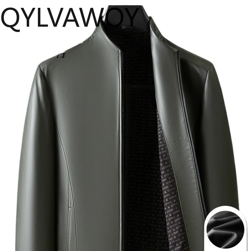 QYLVAWOY 2025 Autumn Winter New Real Sheepskin Men's Leather Jacket Stand-Up Collar Business Casual Outerwear Top LJ2630