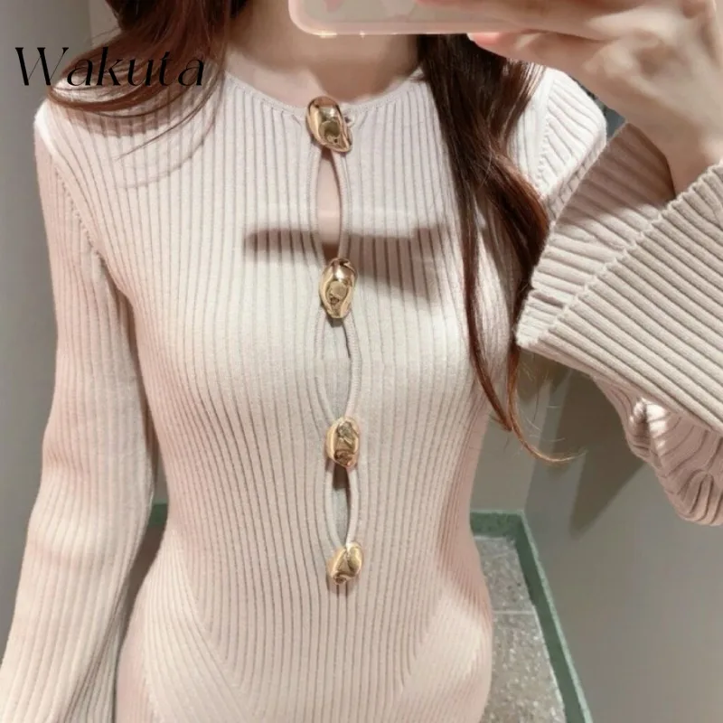 WAKUTA Japanese Retro Round Neck Long Sleeve Threaded Gold Shaped Buckle Slim Knit Robe Elegant Temperament Commuter Maxi Dress