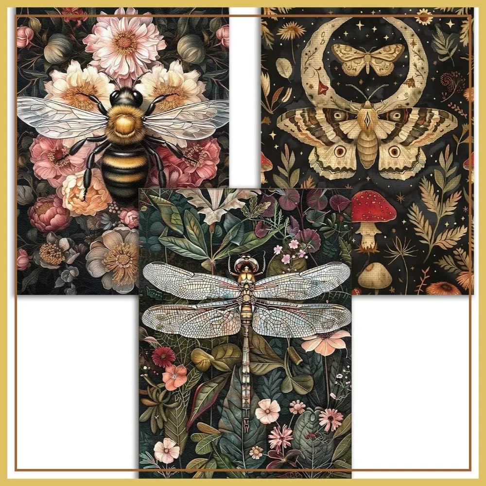 

3-Pack Vintage Dragonflies, Moths, Bees Diamond Painting Kit for Adults, 5D Full Round Drill, 12x16 Inch Home Wall Decor