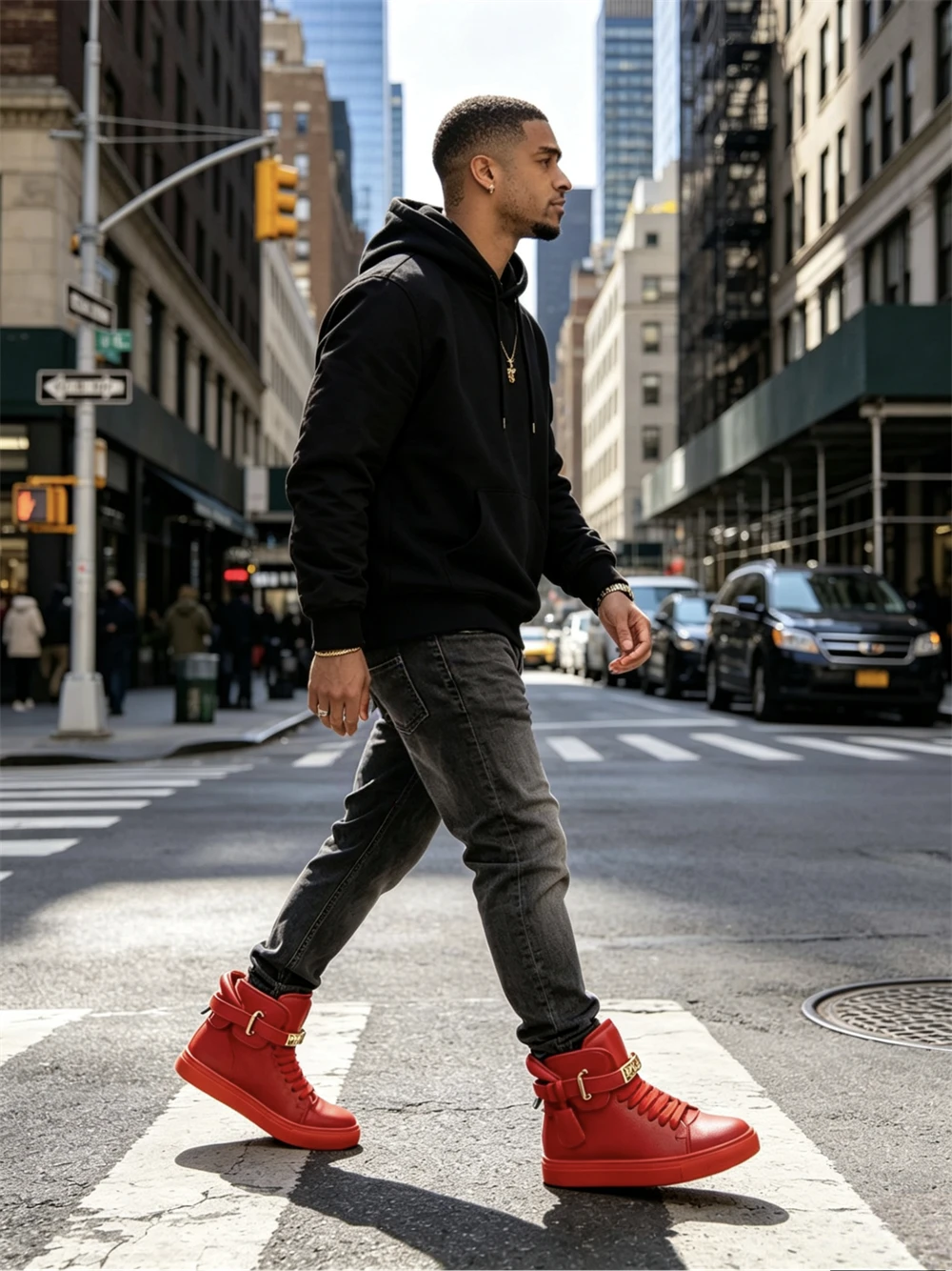Men Luxury Red Genuine Leather High Top Sneakers Metal Lock Buckle Hip Hop Street Ankle Boots Casual Streetwear Walking Shoes view 6