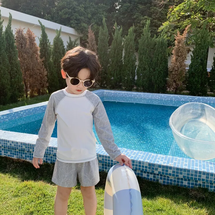 

Children's Grey Leaf Swimsuit 2023 New Boys' Long Sleeve Split Swimsuit Boys' Beach Vacation Swimsuit