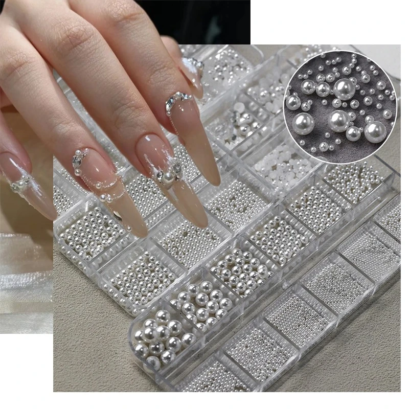 Gemengde witte ronde heldere parel Nail Art Charms Gemengde grootte Nail Art Strass Mini Stalen Bal Klinknagel Strass Nagelaccessoires