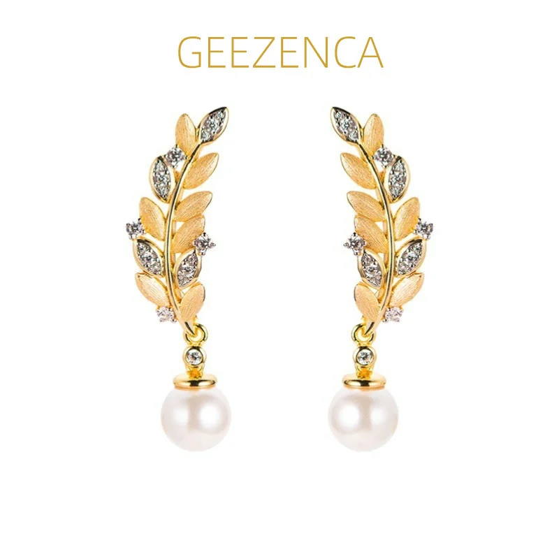 GEEZENCA 925 Sterling Silver Pearl 5A Zircon Wheat Chic Earrings For Women 18K Gold Italian Craft Luxury Earring 2024 New Gift