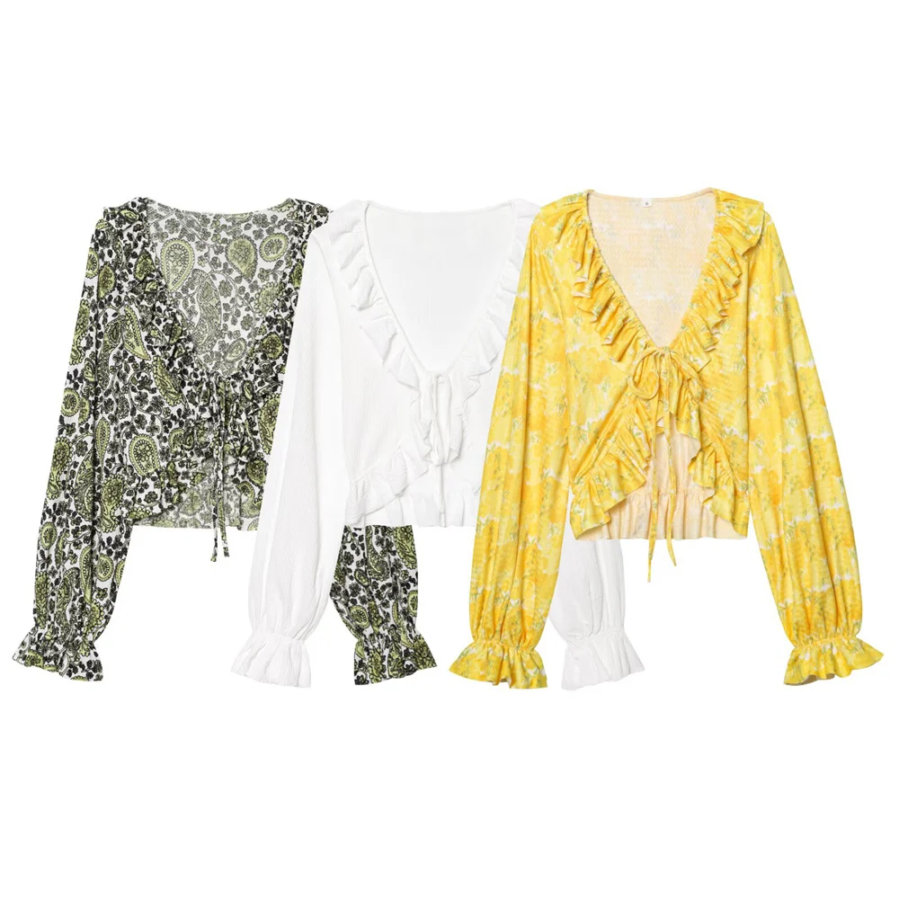 

Летний новый женский модный повседневный универсальный многослойный декоративный топ с v-образным вырезом и длинными рукавами на шнуровке