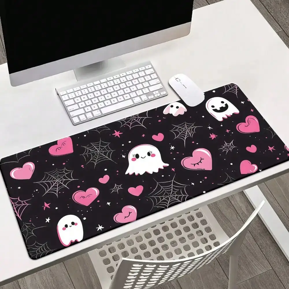 1pc XXL Large Pink & Black Gothic Suitable For PC Gaming Desk Mat With Non-Slip Rubber Base & Washable Surface - Cute Ghosts, Pink Hearts & Spiderweb Design Suitable For Computer, Laptop, Desktop - Perfect Gift For Gamers, Office Decor, 2D Flat