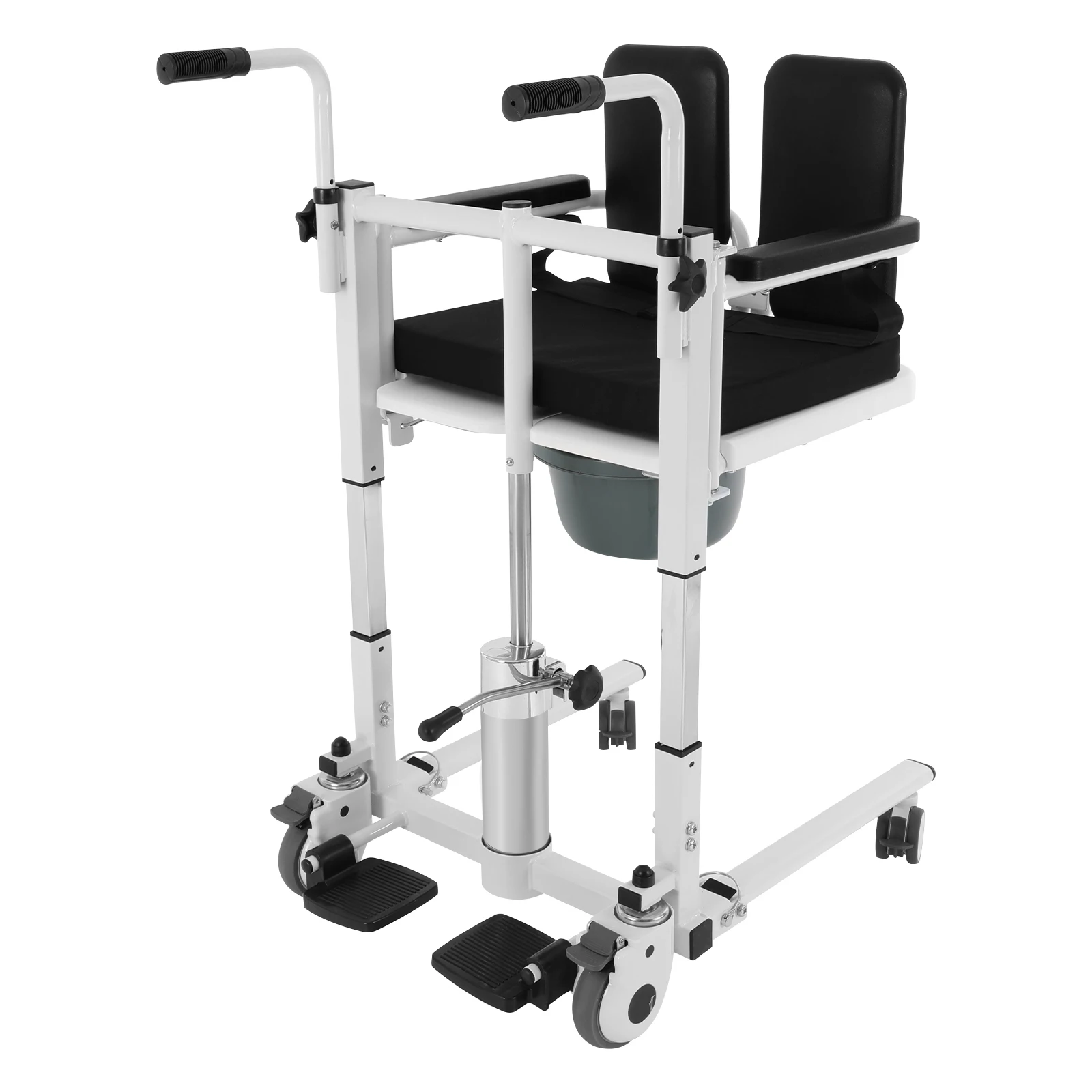 Hydraulischer Transferstuhl, Hydraulischer Patientenliftstuhl, höhenverstellbarer Patientenlift-Transferstuhl mit 4 feststellbaren Rädern, Bettseitiger Toilettenstuhl, 180 °   Geteilter Toilettensitz