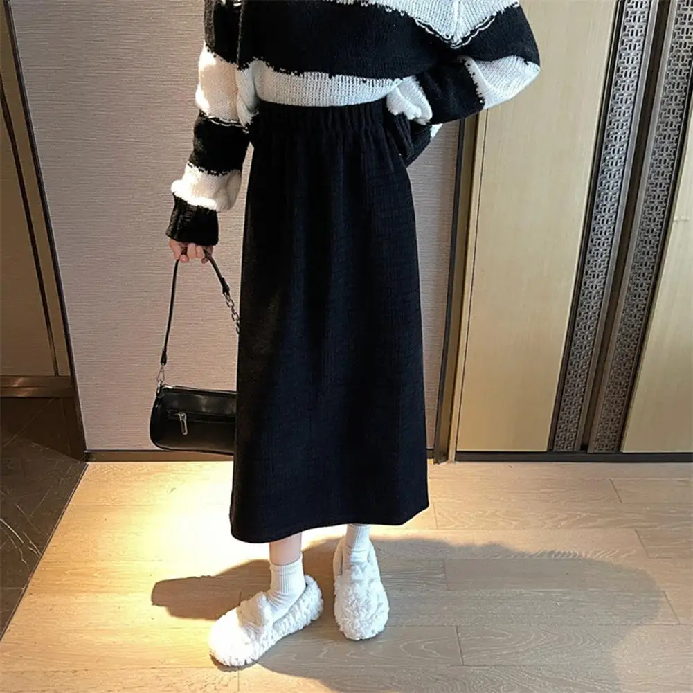 Solid Color Skirt Thick Warm Winter Skirt with Elastic High Waist A-line Split Design for Women Solid Color Pleated for Lady