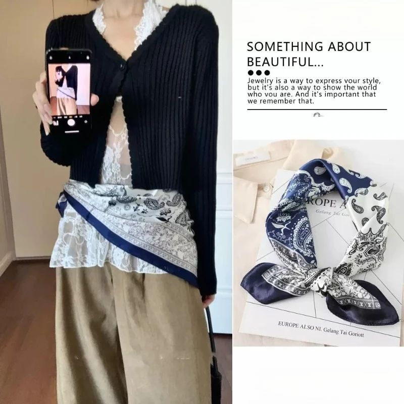 

Paisley Print Navy Blue Scarf Belt Premium Decorative Waist Head Neck Kerchief Women Soft Breathable Elegant Daily Accessories