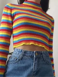 Women Turtleneck Knitted Sweater Winter Colorful Rainbow Stripes Short Crop Tops Ladies Bodycon Ribbed Pullover Jumper