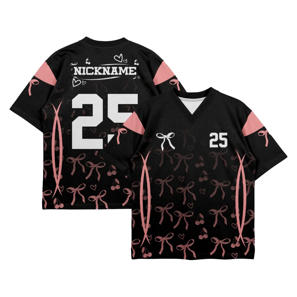 

Oversize Pink Cherry Ribbon Full Print Jersey Women's Ins Fashion Casual V-Neck Tee Summer Oversized Breathable Comfortable Top