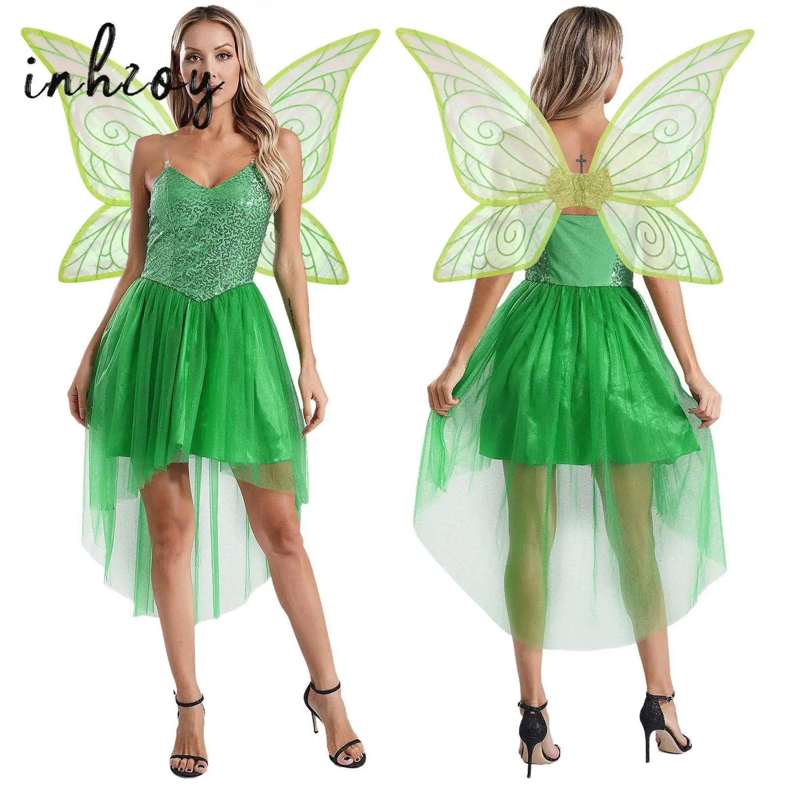 

Women Green Elf Princess Dress Halloween Cosplay Fairy Tale Costume Outfits Shiny Sequin Sling Dress with Butterfly Wings Outfit