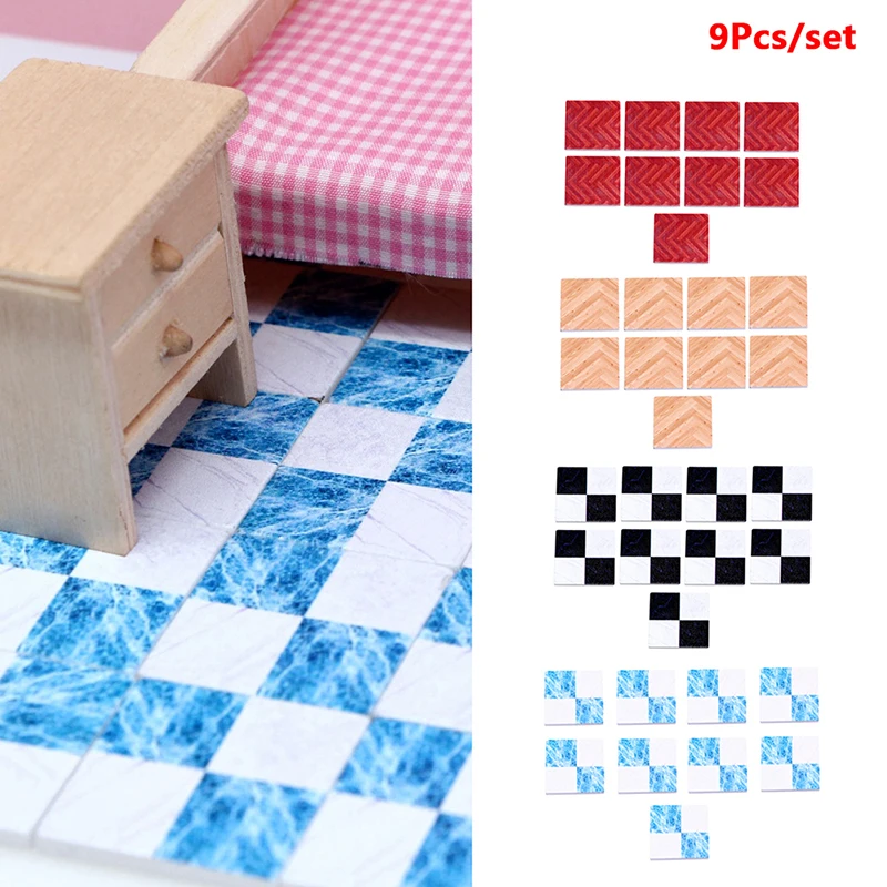 9Pcs Dollhouse Miniature Floor Tiles Plaid Floor Boards Floor Cover Bedroom Bathroom Living Room Decor Doll House Accessories