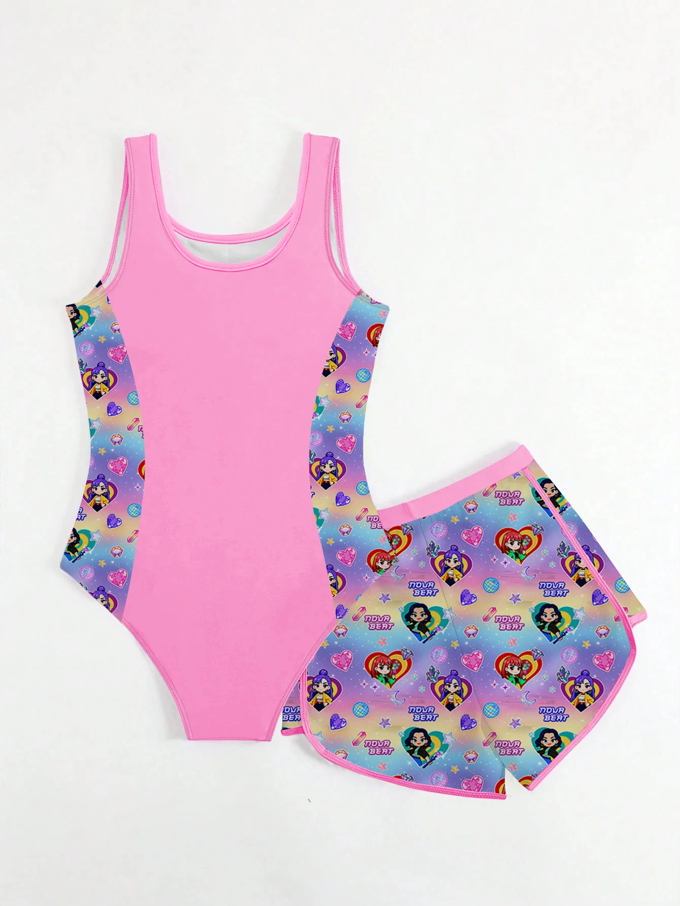 Kids Girls 2 Piece K-POP Singer Cartoon Print One Piece Swimsuit with Skirt Cover Up Summer Beach Swimwear image 2