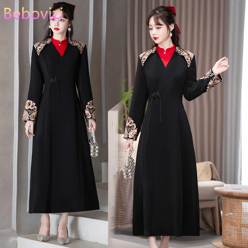 New Autumn Winter Embroidery Long Trench Coat Retro Improved Hanfu Chinese Style Women's Clothing Overcoat