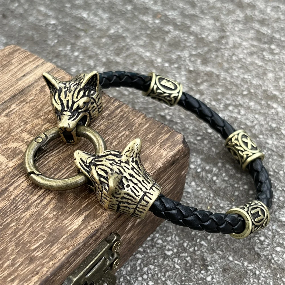 Wolf Heads Norse Mythology Jewelry Runic Beads Viking Bracelet Bangle Men Women Accessories Dropshipping