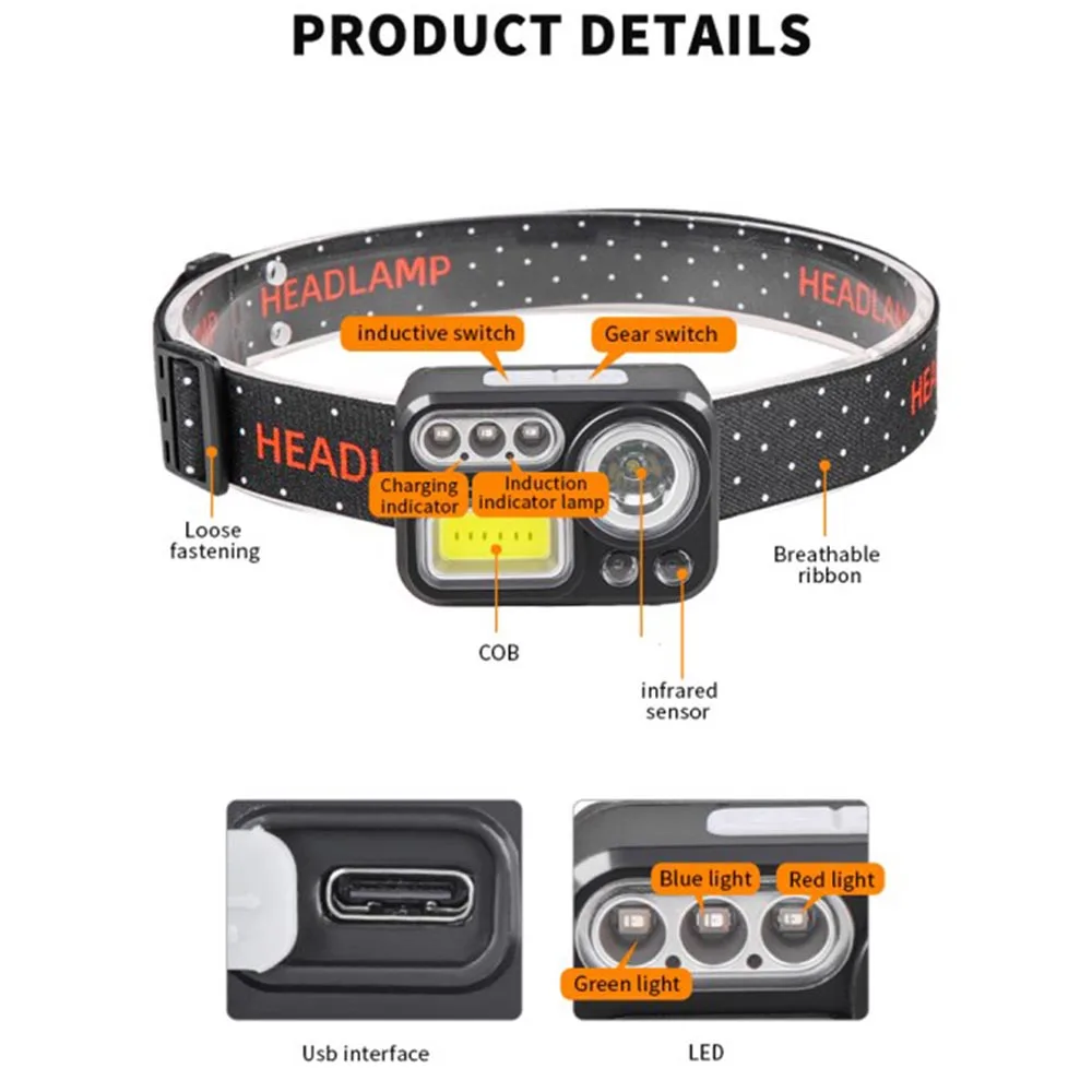 Portable COB LED Headlamp IR Induction Headlight USB-C Rechargeable Lightweight IPX4 Waterproof Camping emergency Head Torch