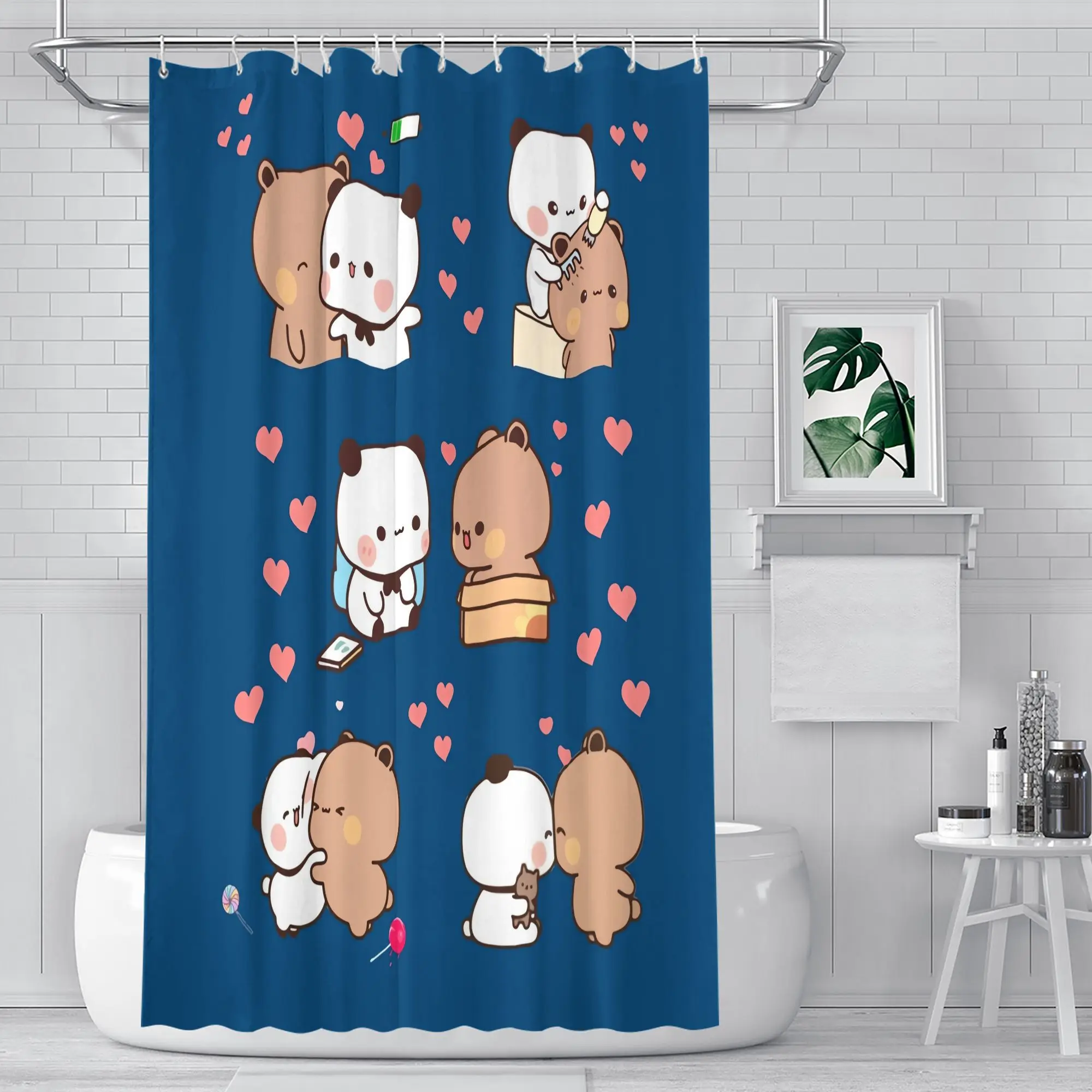 

Cloud Friends Shower Curtain – Original Bear & Panda in Playful Poses, Soft Blue Background, Polyester, 12 Hooks