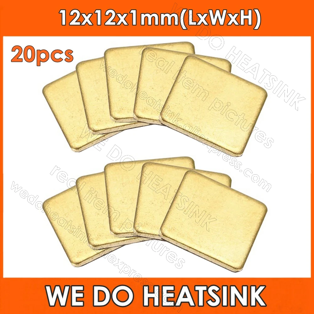 20pcs Free Shipping 12x12x1mm Brass Copper Shim Heatsink Radiator Cooler With Thermal Tape For Electronics IC CPU AMD MOS