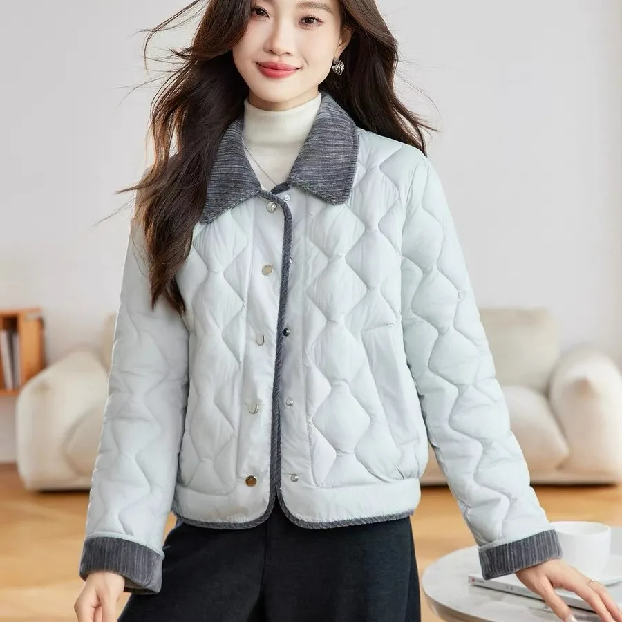 Lightweight Short Cotton Jacket Women's Fashionable Color Block Collarless Coat Warm Commute Style Polyester Fiber Coat