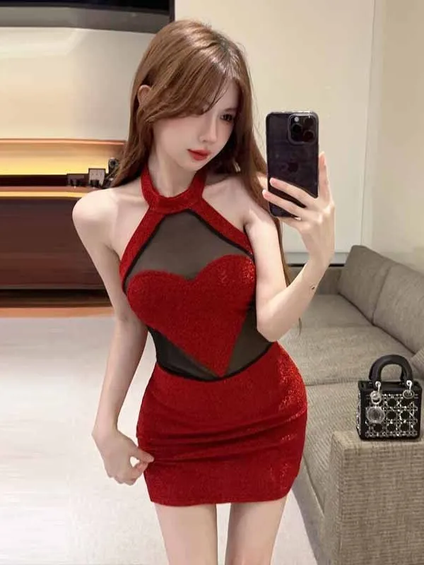 2024 Summer Spicy Girl Three-dimensional Heart Sheer Splicing Design Sense Hanging Neck Backless Slim Wrap Hip Short Dress A837