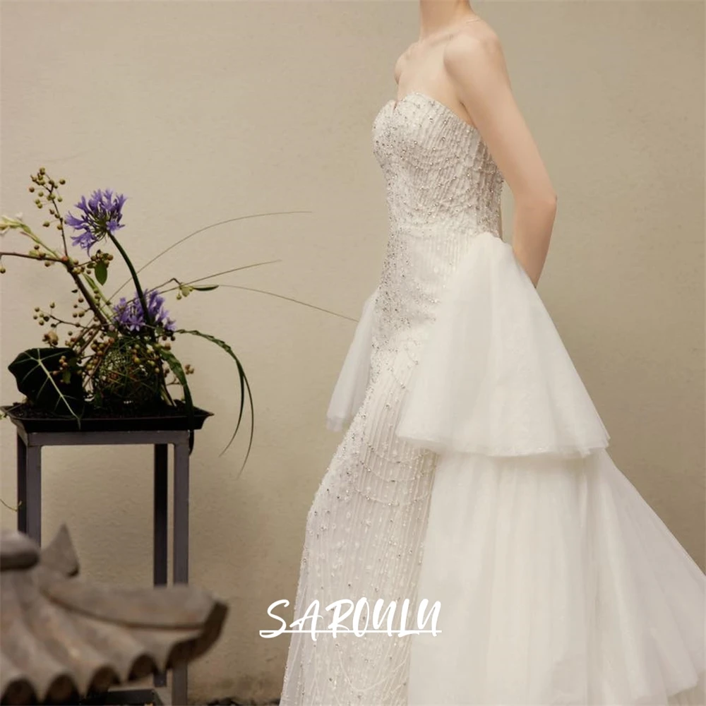 Luxury Beadings Mermaid Wedding Dress Off the Shoudler Long Bride Dresses with Tiered Tulle Detachable Train Modern Bridal Gown