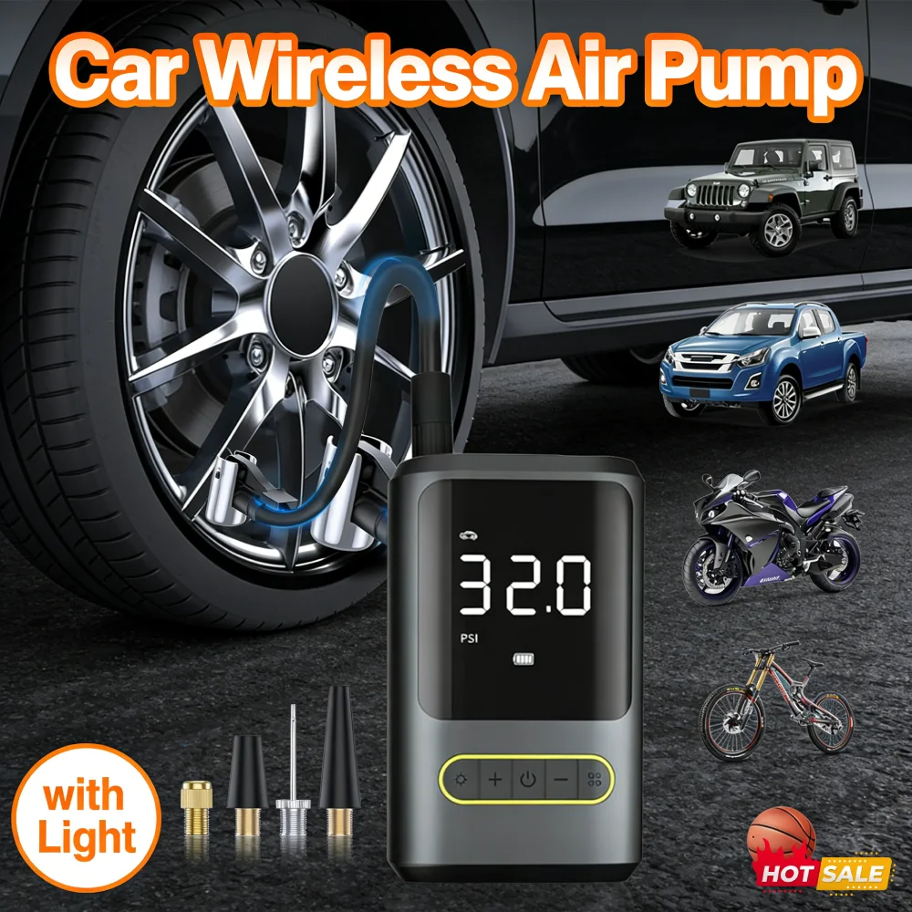

Беспроводной автомобильный насос с дисплеем заряда, портативный компрессор для шин автомобиля, велосипеда, мячей