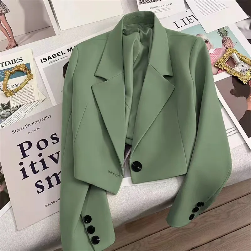 Korean Cropped Blazers Women Autumn Solid Color Simple Single-button Outwear Teens All-match Long Sleeve Office Lady Suit Jacket