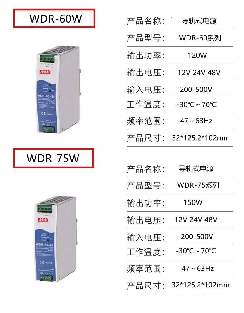 Switching Power Supply SDR/WDR-60W/75/240/480/120-24V12V Mingwei Ultra-thin Rail Mounted