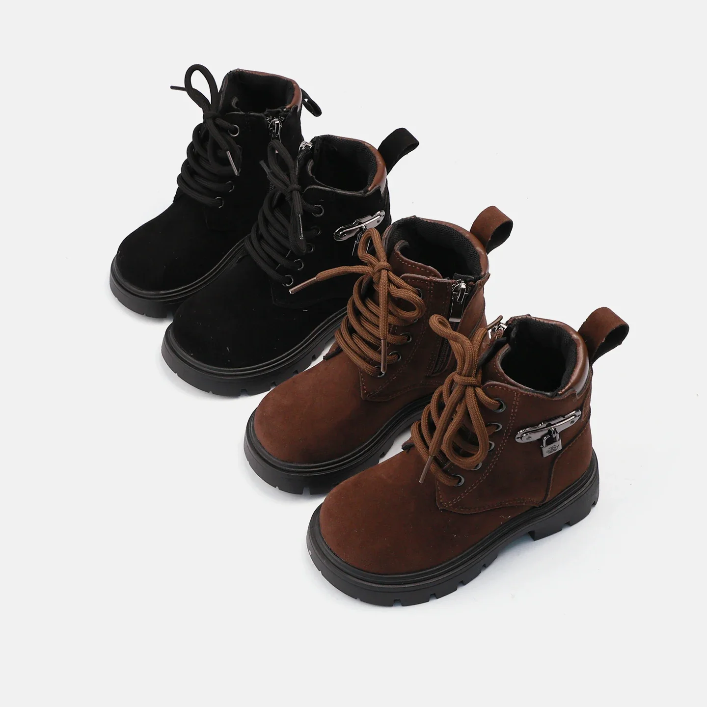 Kids Suede-like Ankle Boots, Lace-Up with Inner Zipper Side Metal Charm Thick Non-Slip Sole Cool Work Boots for Boys Girls