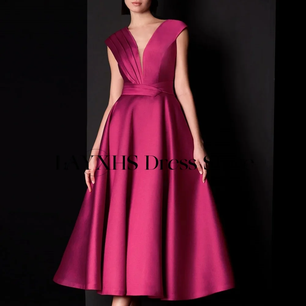 LAYXHS シンプルな V ネックイブニングドレス A ラインボタンバックレスティーレングスプロムドレスカスタマイズされた فستان سهرة نسائي