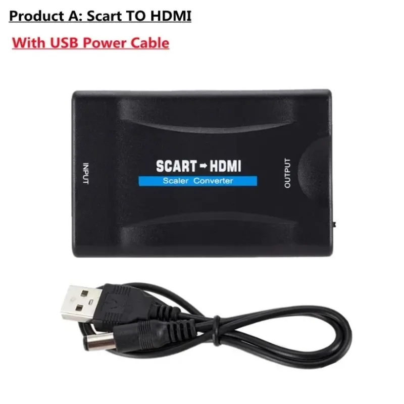 GRWIBEOU 1080P SCART إلى HDMI متوافق مع محول الصوت الراقي للفيديو للتلفزيون عالي الدقة DVD Sky Box STB التوصيل والتشغيل كابل تيار مستمر