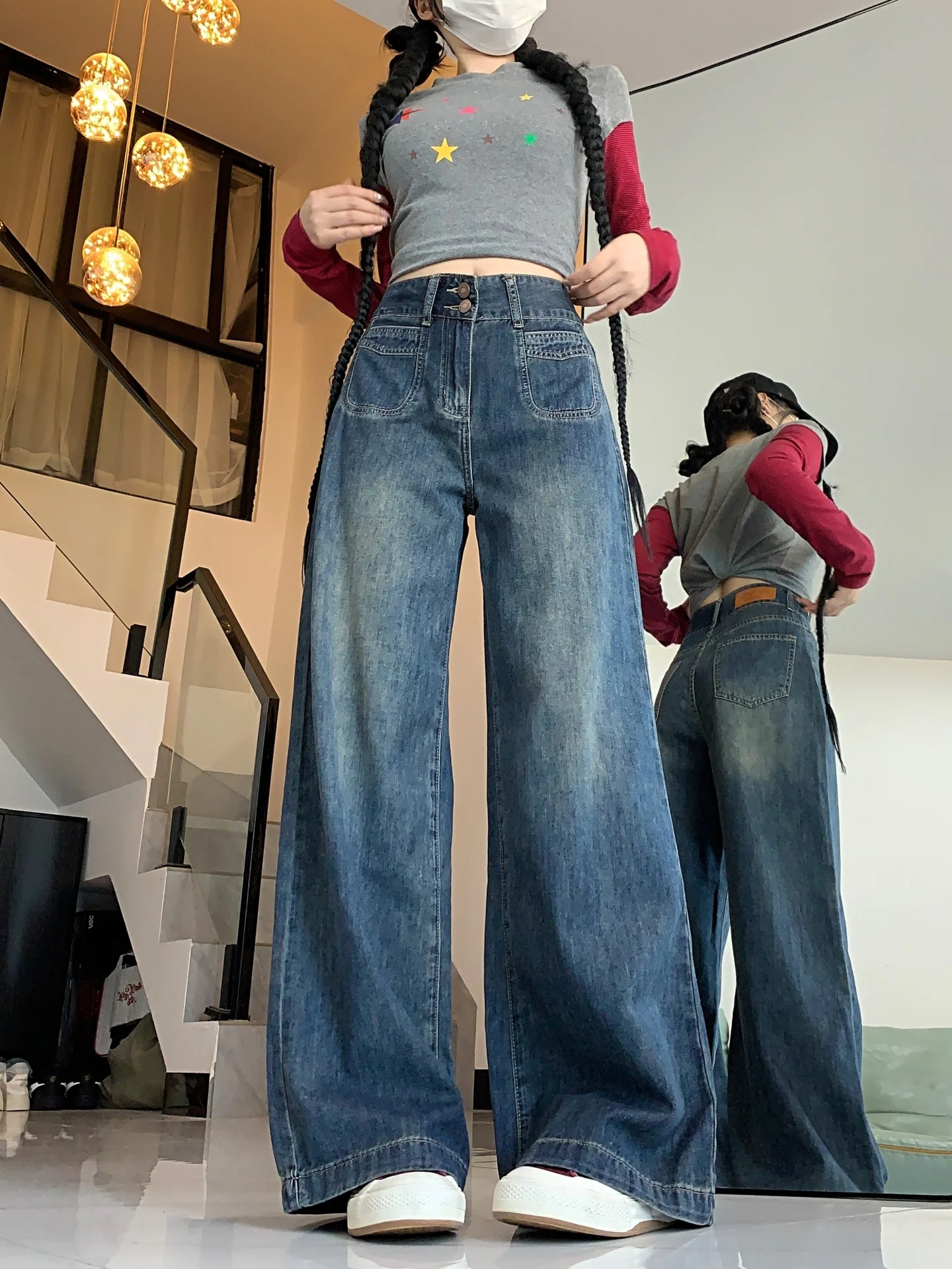 High Waist Wide Leg Denim Jeans Women's Autumn Large Size Loose Straight Cement ey Double Bule Floor-Length Slimming Pants