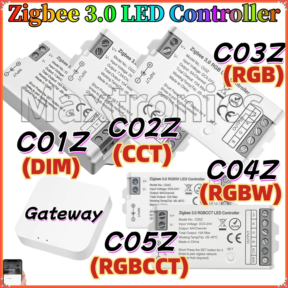 Zigbee 3.0 LED Controller DC5-24V 2.4GHz C01Z~C05Z Hue Bridg Tuya Gateway Smart Voic for Single Color RGB RGBW RGBCCT LED Strip
