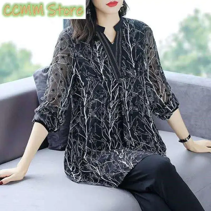 

Women's Clothing Fashion Spliced Shirt Vintage Floral Printed Star Spring Autumn Casual V-Neck Long Sleeve Commute Loose Blouse
