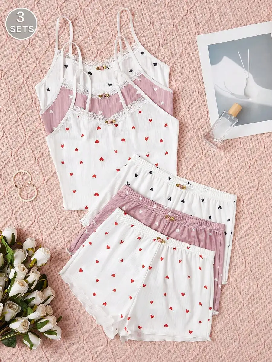 

3-Pack Women's Heart Print Lace Trim Pajama Set - Soft Breathable Camisole & Shorts