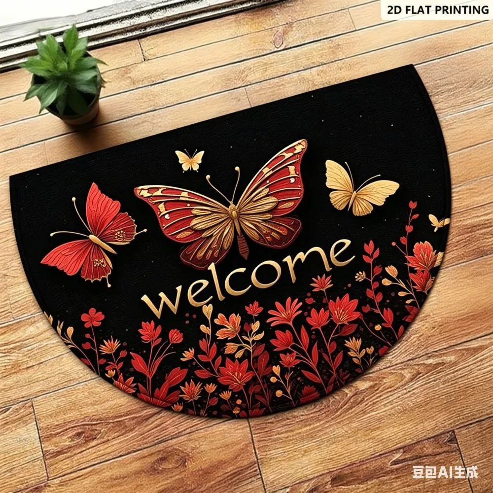 Butterfly Flower Semicircle Welcome Door Mat Blue Gold Anti-Slip Entrance Rug Washable Decorative Floor Mat for Home Porch Decor