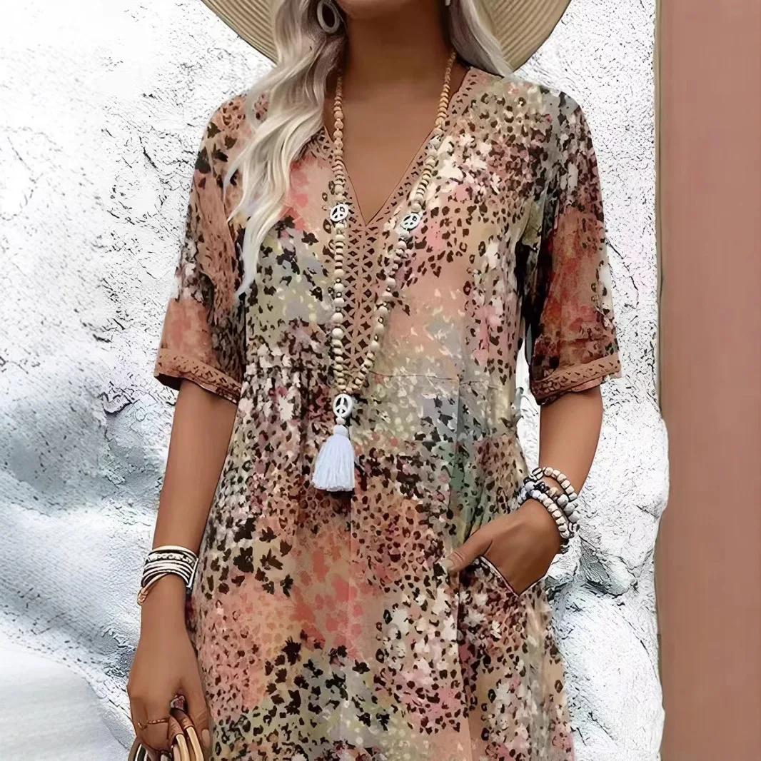 

2025 Fashion New Printed Lace V-Neck Short Sleeve Dress Europe and America