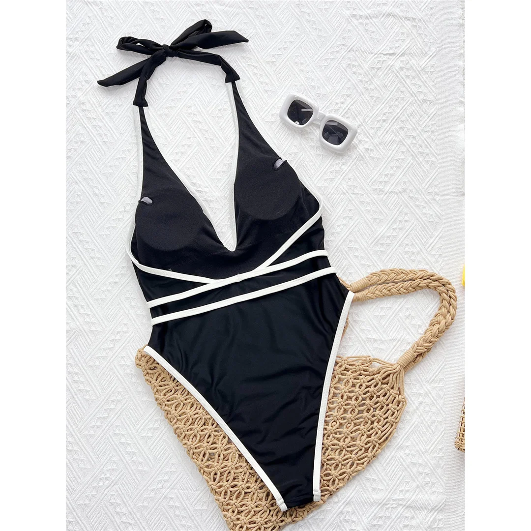 Sexy Badeanzug mit tiefem V-Ausschnitt und Halterneck, mit Gürtel, einteilig, Damen-Bademode, hoch geschnittene Beine, Monokini, Badeanzug, Badebekleidung, V7602 – Detail 4
